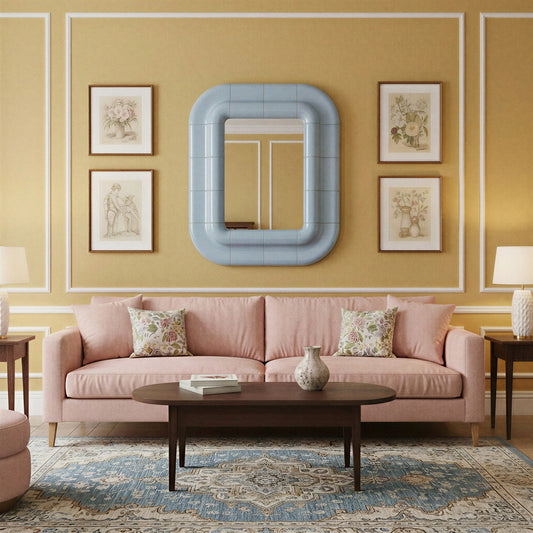 Ice Blue ceramic-look mirror with rounded rectangular frame, front view in context.