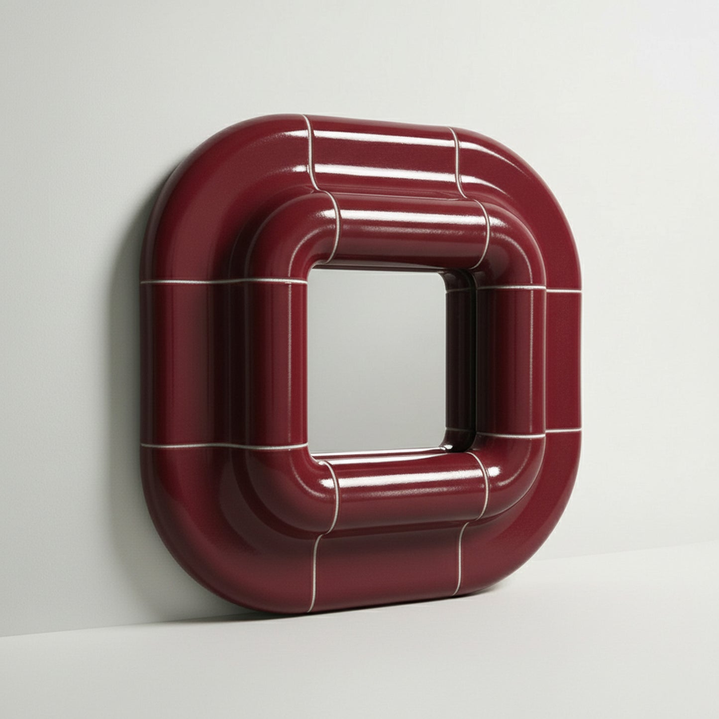 Side view of Lolo deep burgundy ceramic mirror frame showing 9 cm depth and curved structure.