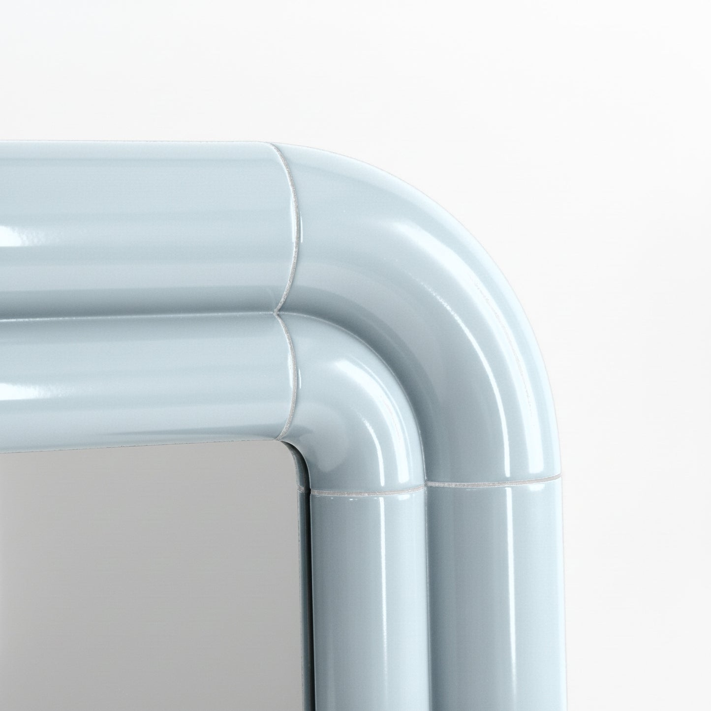 Detail of Portalito frame in Ice Blue, glossy curved surface with visible joints
