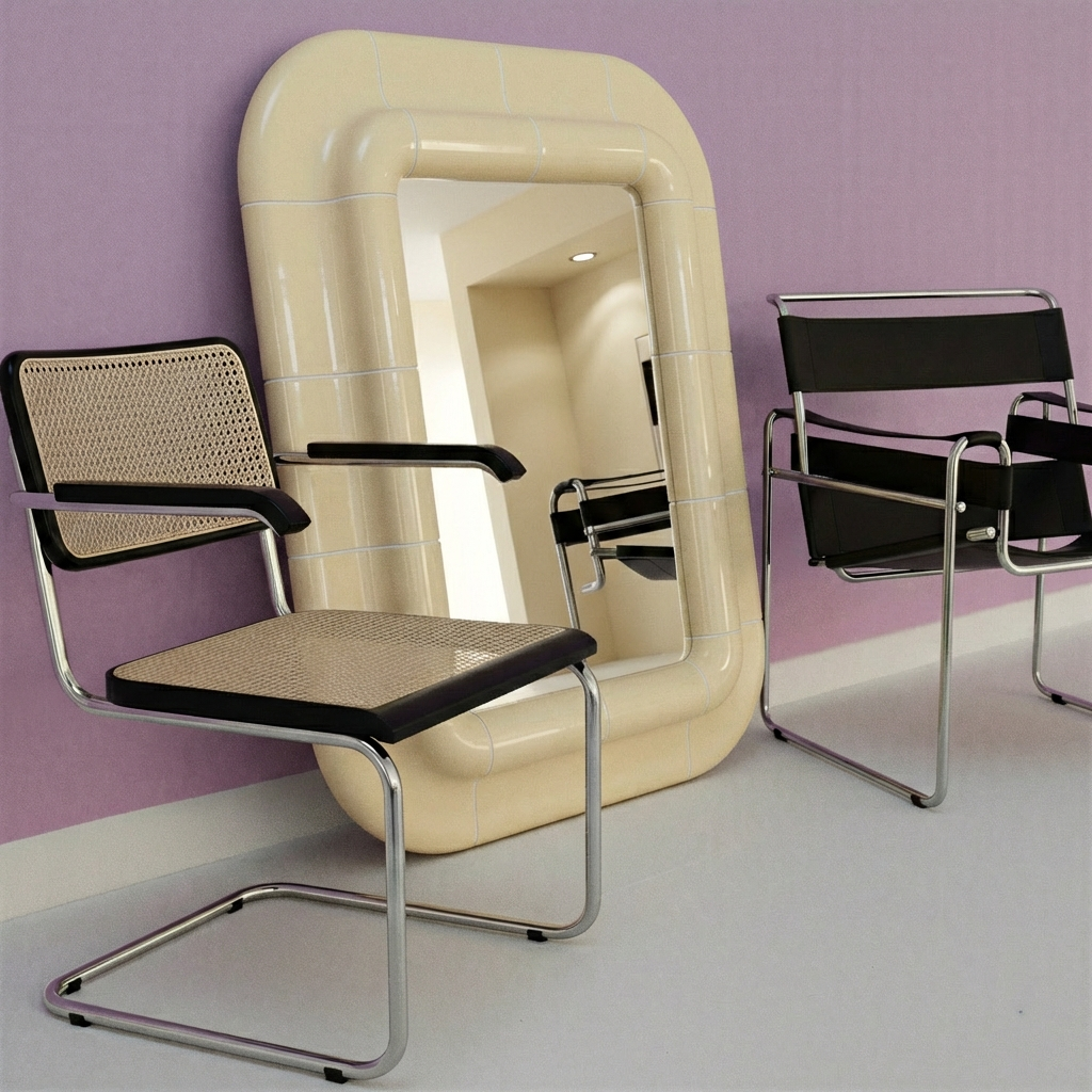 Soft butter glossy mirror with rounded tile frame, leaning against a lavender wall between modern tubular chairs.