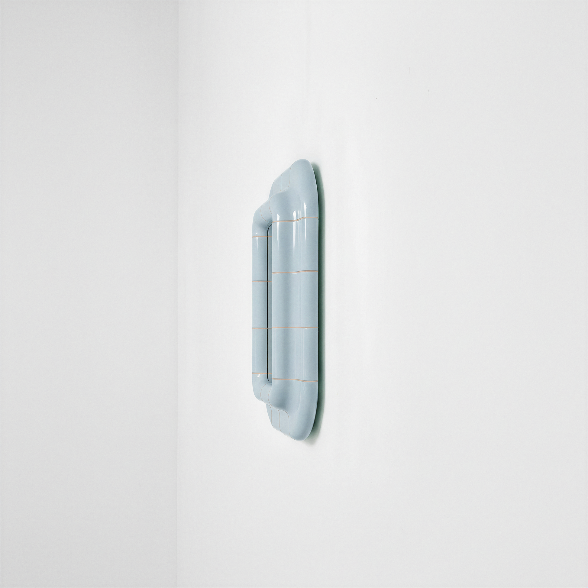 Side view of the Ice Blue ceramic-look mirror showing frame depth and curved profile.