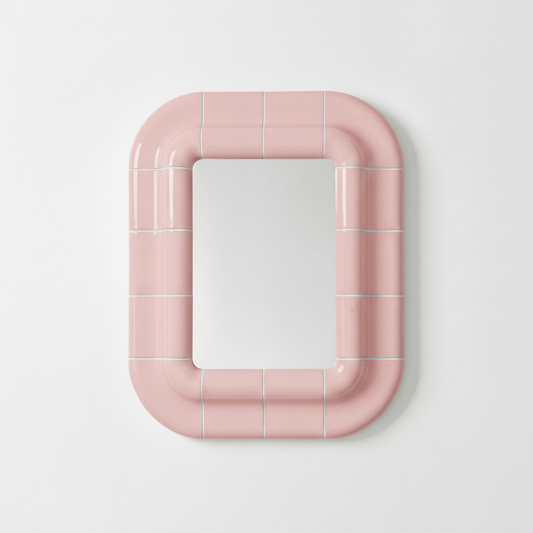 Ceramic-look rectangular mirror with rounded corners and visible joints, Lola model in blush pink.
