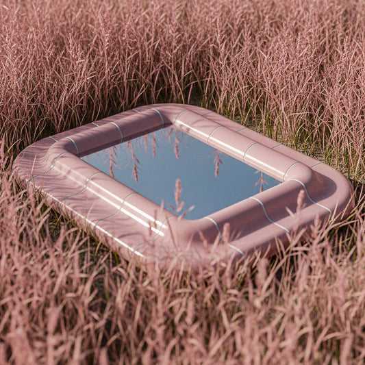 Pink glossy mirror placed in a field of soft pink grass, with rounded corners and reflective surface, creating a dreamy and surreal atmosphere.