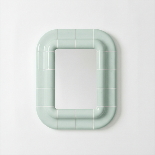 Soft Mint ceramic-look mirror with rounded rectangular frame, front view.