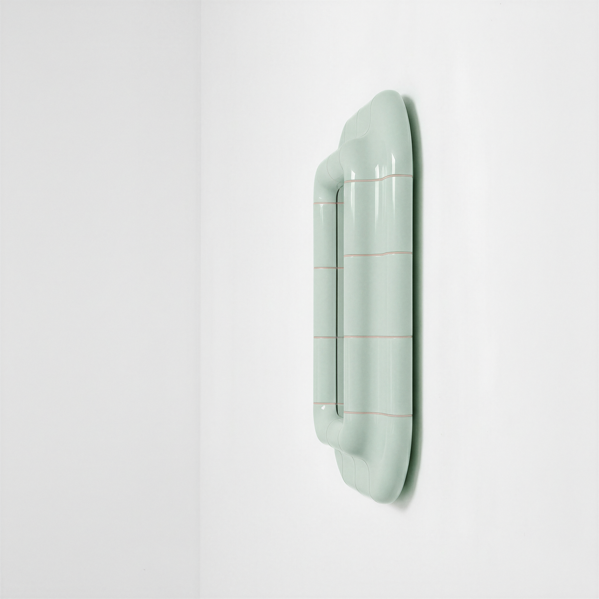 Side view of the Soft Mint ceramic-look mirror showing frame depth and curved profile.