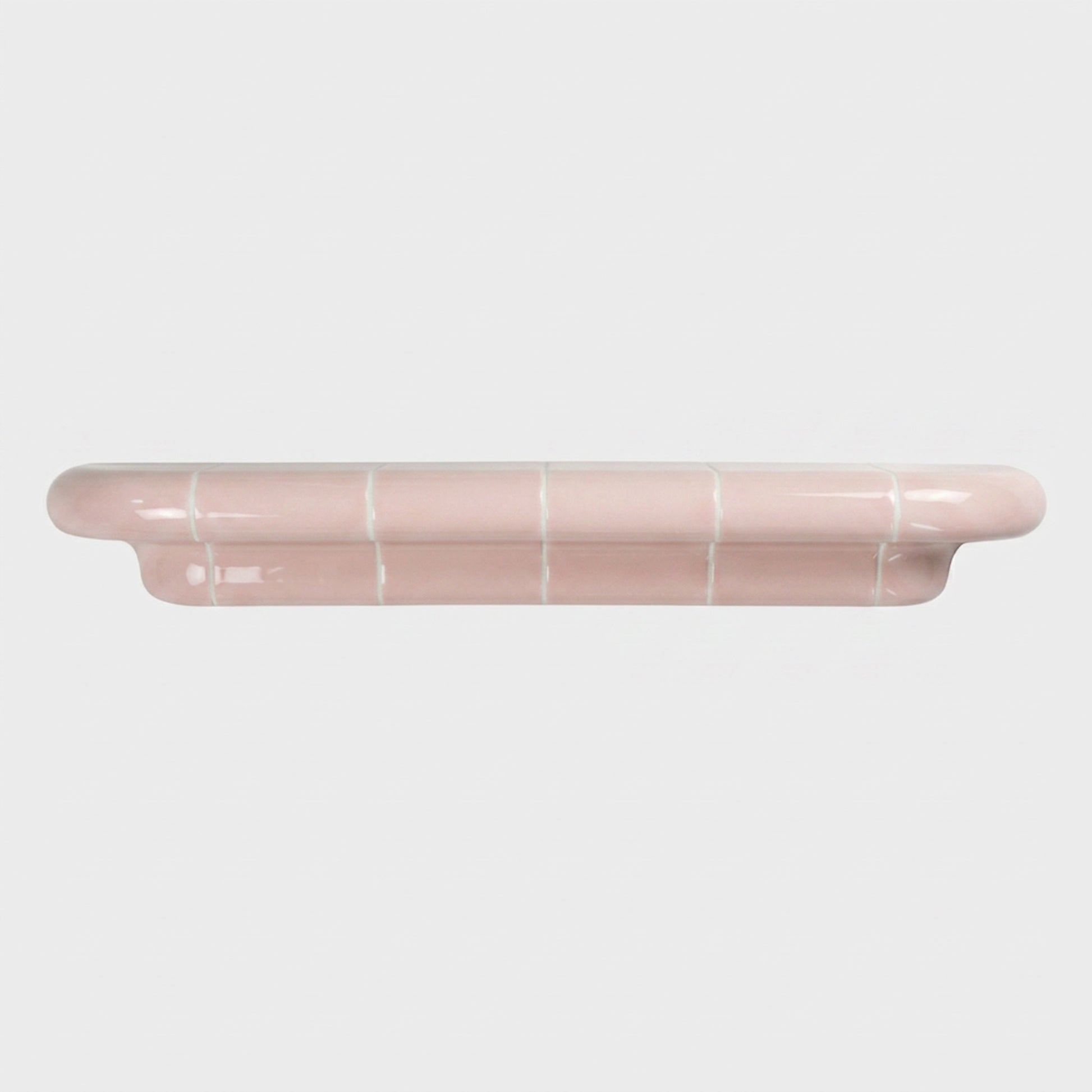 Orbi XL floating shelf in glossy Blush Pink, statement handcrafted wall shelf with sculptural geometry.