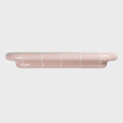 Orbi XL floating shelf in glossy Blush Pink, statement handcrafted wall shelf with sculptural geometry.