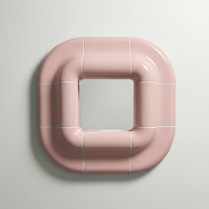 Lolo wall mirror in Blush Pink by Tilecito, square sculptural mirror with rounded tile-inspired frame, front view.