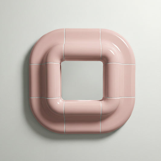 Lolo wall mirror in Blush Pink by Tilecito, square sculptural mirror with rounded tile-inspired frame, front view.