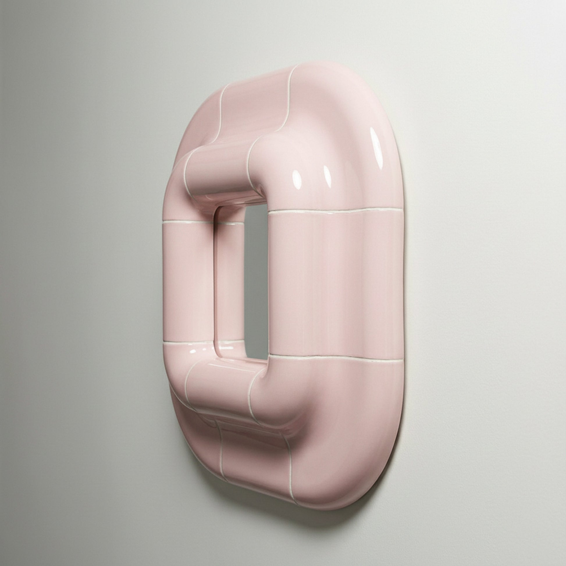 Profile view of Lolo mirror in Blush Pink by Tilecito, deep sculptural tubular frame mounted on wall with high-gloss surface.