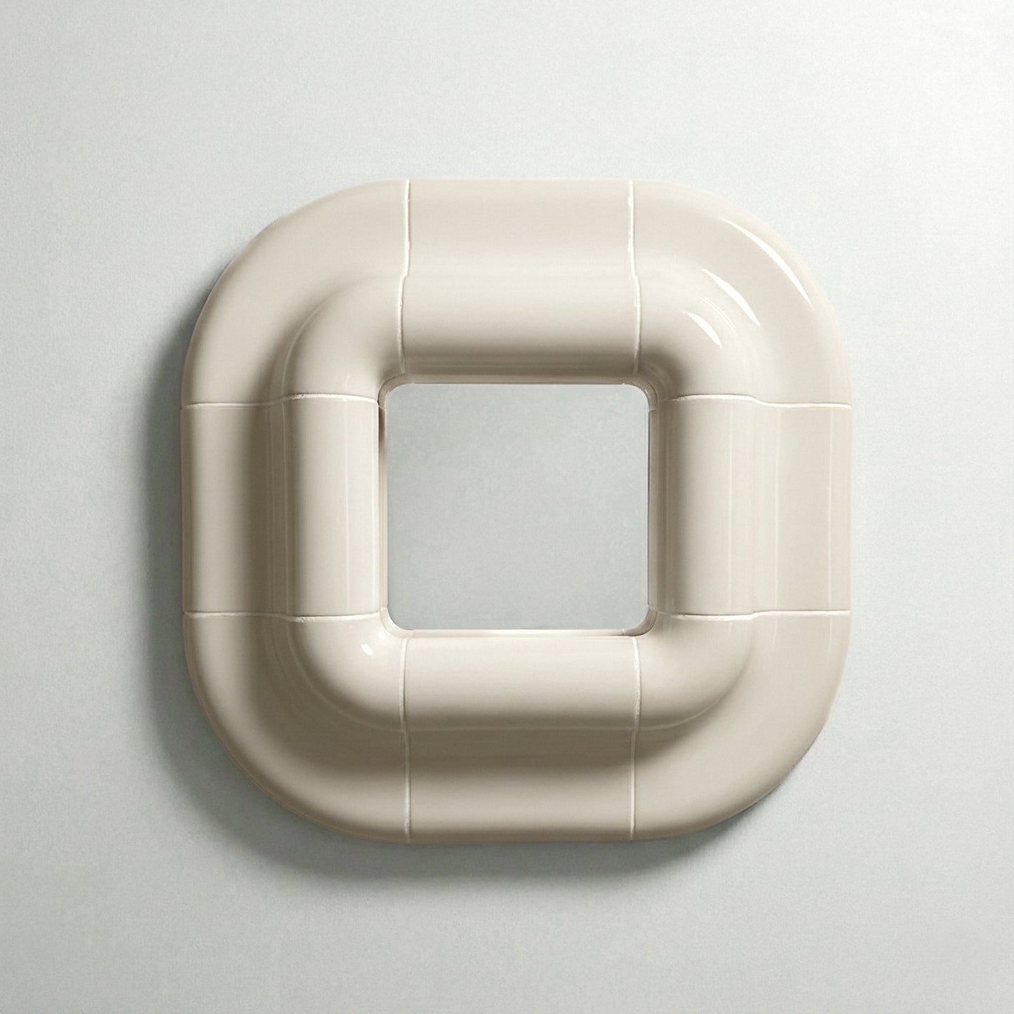 Lolo wall mirror in Off-White by Tilecito, square sculptural mirror with rounded tubular frame, front view