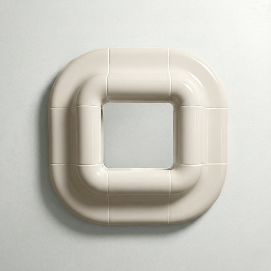 Lolo wall mirror in Off-White by Tilecito, square sculptural mirror with rounded tubular frame, front view