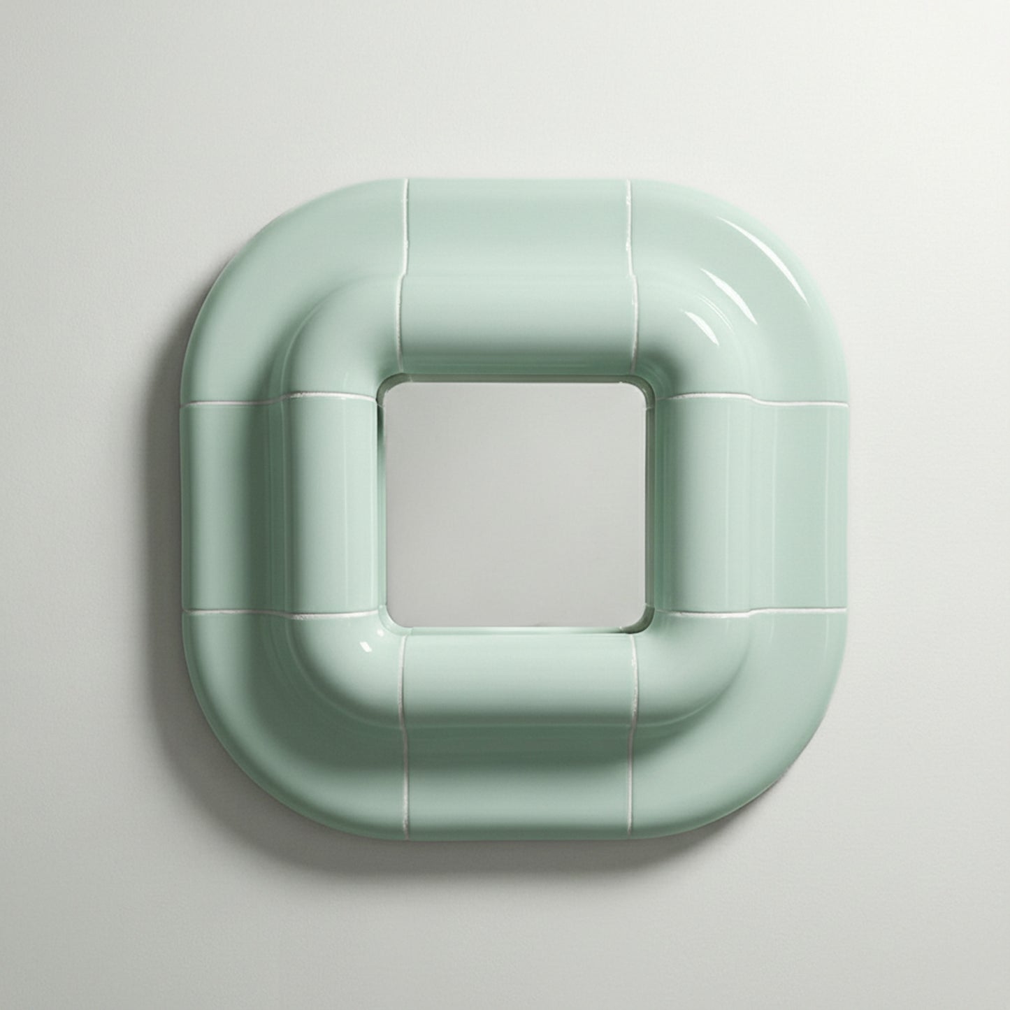 Lolo wall mirror in Pastel Mint by Tilecito, square sculptural mirror with rounded tubular frame, front view