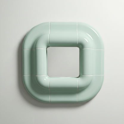Lolo wall mirror in Pastel Mint by Tilecito, square sculptural mirror with rounded tubular frame, front view