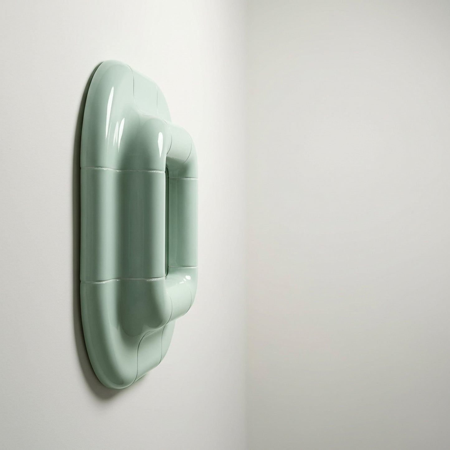 Profile view of Lolo mirror in Pastel Mint by Tilecito, deep sculptural frame mounted on wall with glossy finish