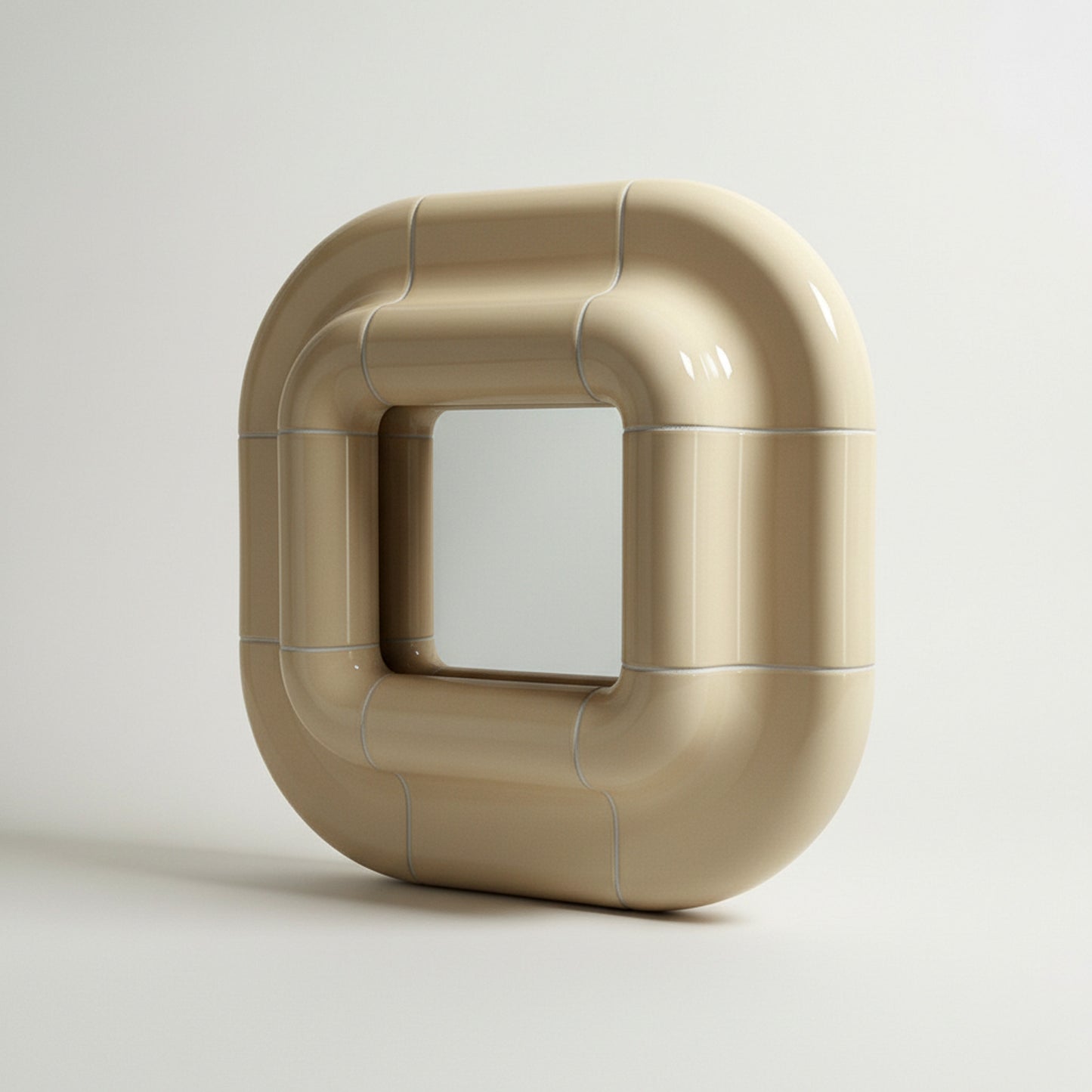 Lolo ceramic mirror in Soft Beige by Tilecito, sculptural square wall mirror with rounded tubular frame, 13.5 cm depth, three-quarter view