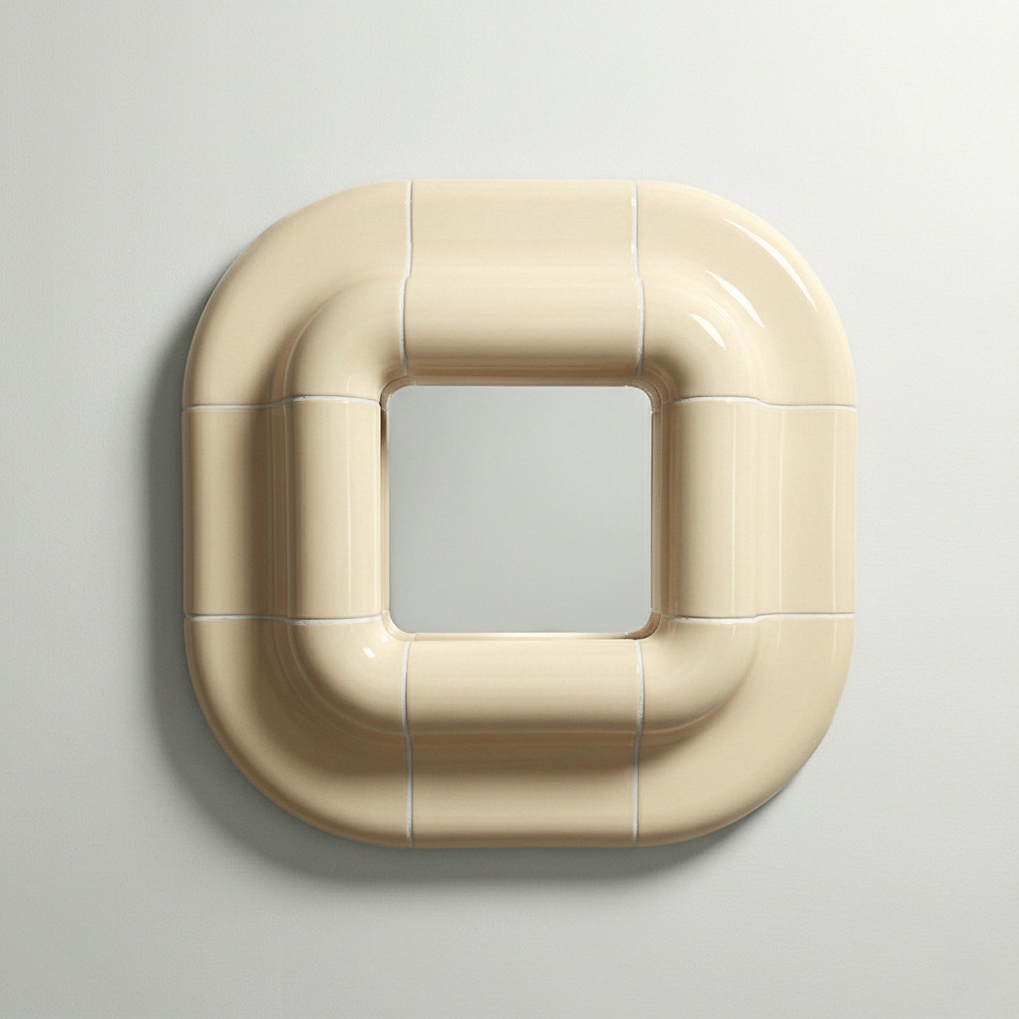 Lolo ceramic wall mirror in Soft Butter by Tilecito, square sculptural mirror with rounded ceramic tile frame, front view