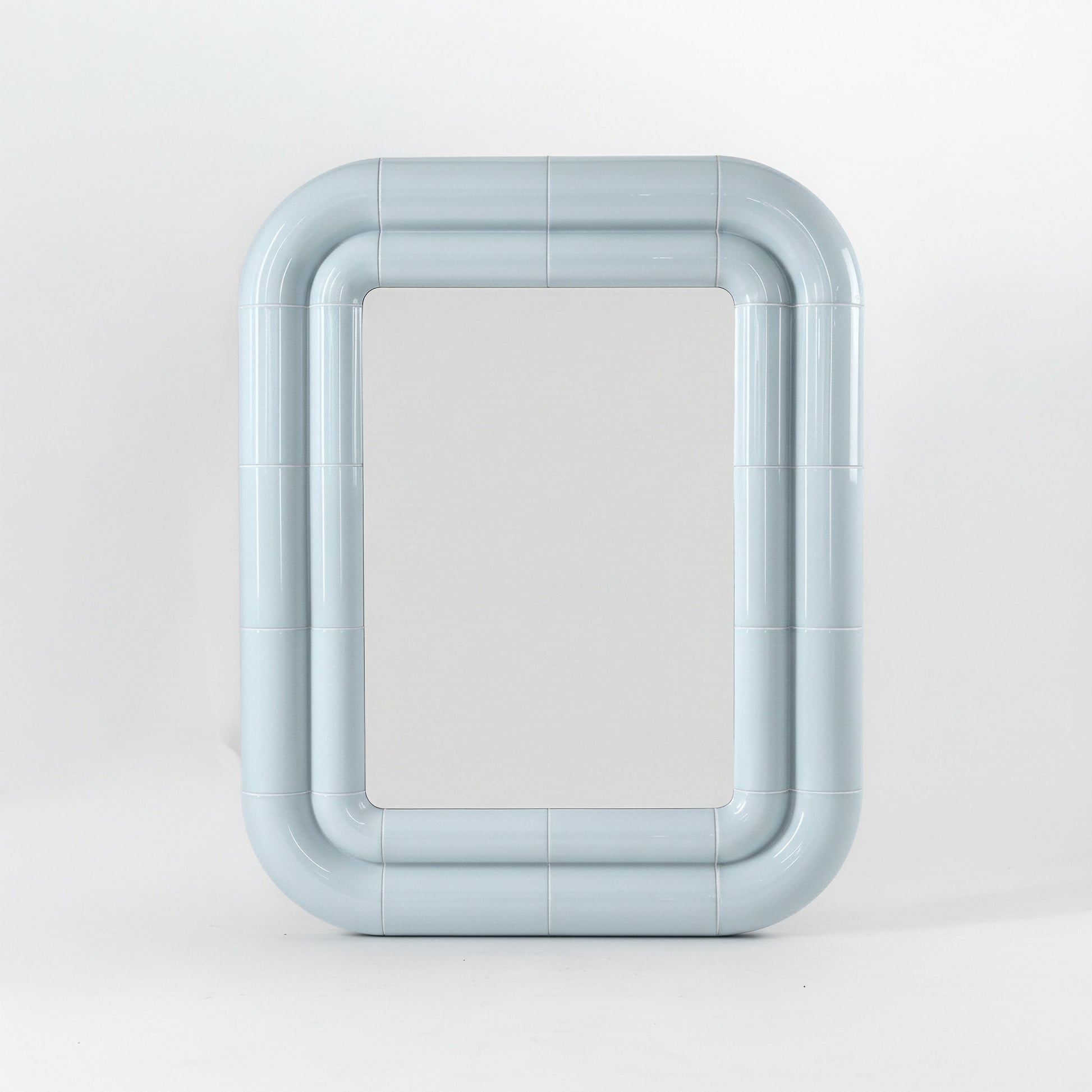 Portalito mirror in Ice Blue, square tubular frame with glossy ceramic-like finish, front view