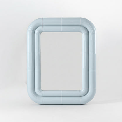 Portalito mirror in Ice Blue, square tubular frame with glossy ceramic-like finish, front view