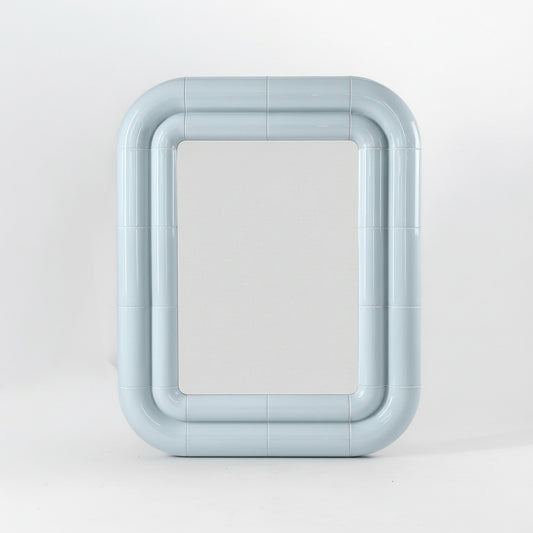 Portalito mirror in Ice Blue, square tubular frame with glossy ceramic-like finish, front view