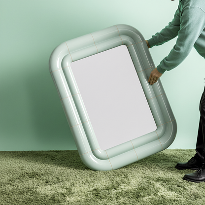 Front view of Portalito — a continuous tubular frame creating depth and softness around the mirror.
