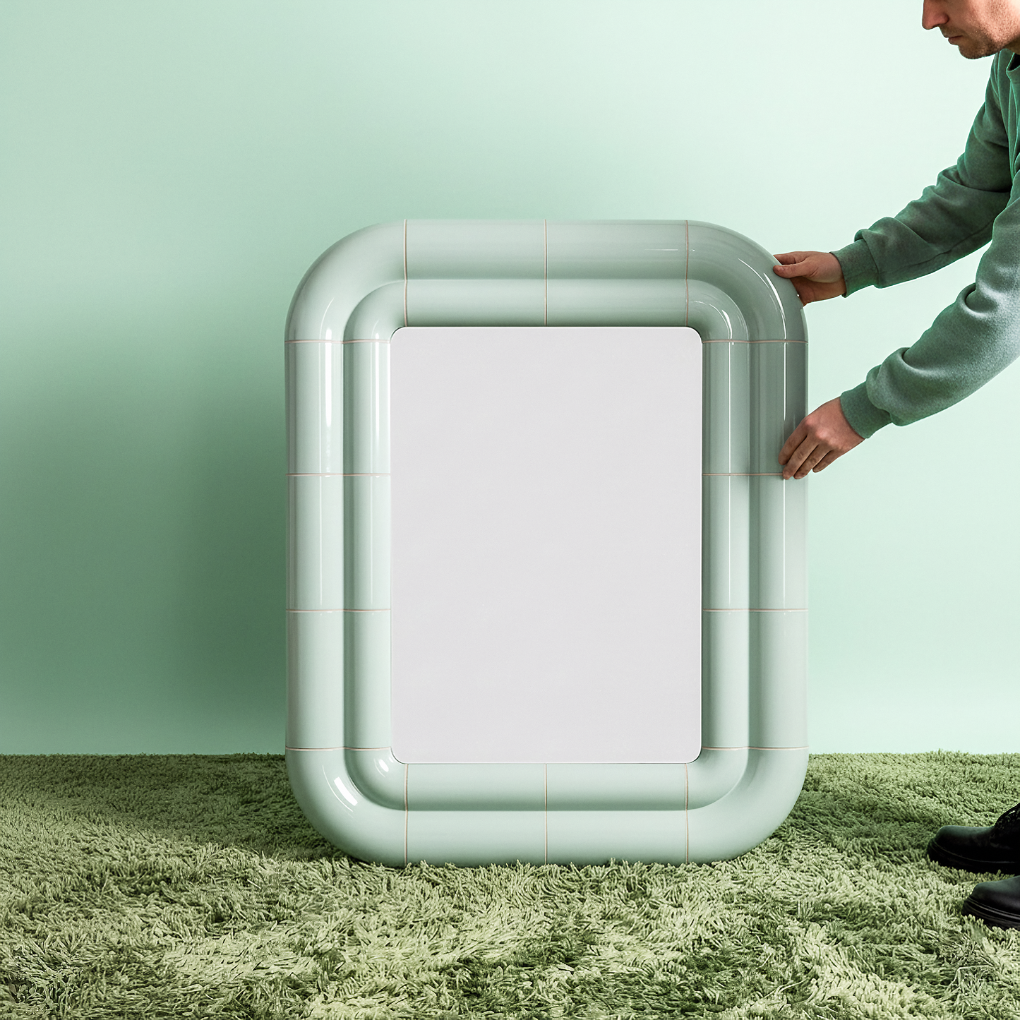 Portalito mirror in soft mint being positioned by hand, highlighting its scale and ease of handling.