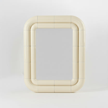 Portalito mirror in Soft Butter, square tubular frame with glossy ceramic-like finish, front view