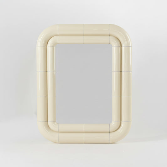 Portalito mirror in Soft Butter, square tubular frame with glossy ceramic-like finish, front view