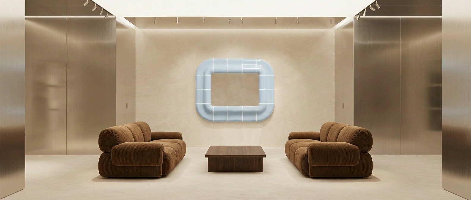 Light blue ceramic-look mirror installed horizontally in a minimalist interior with sofas and central coffee table.