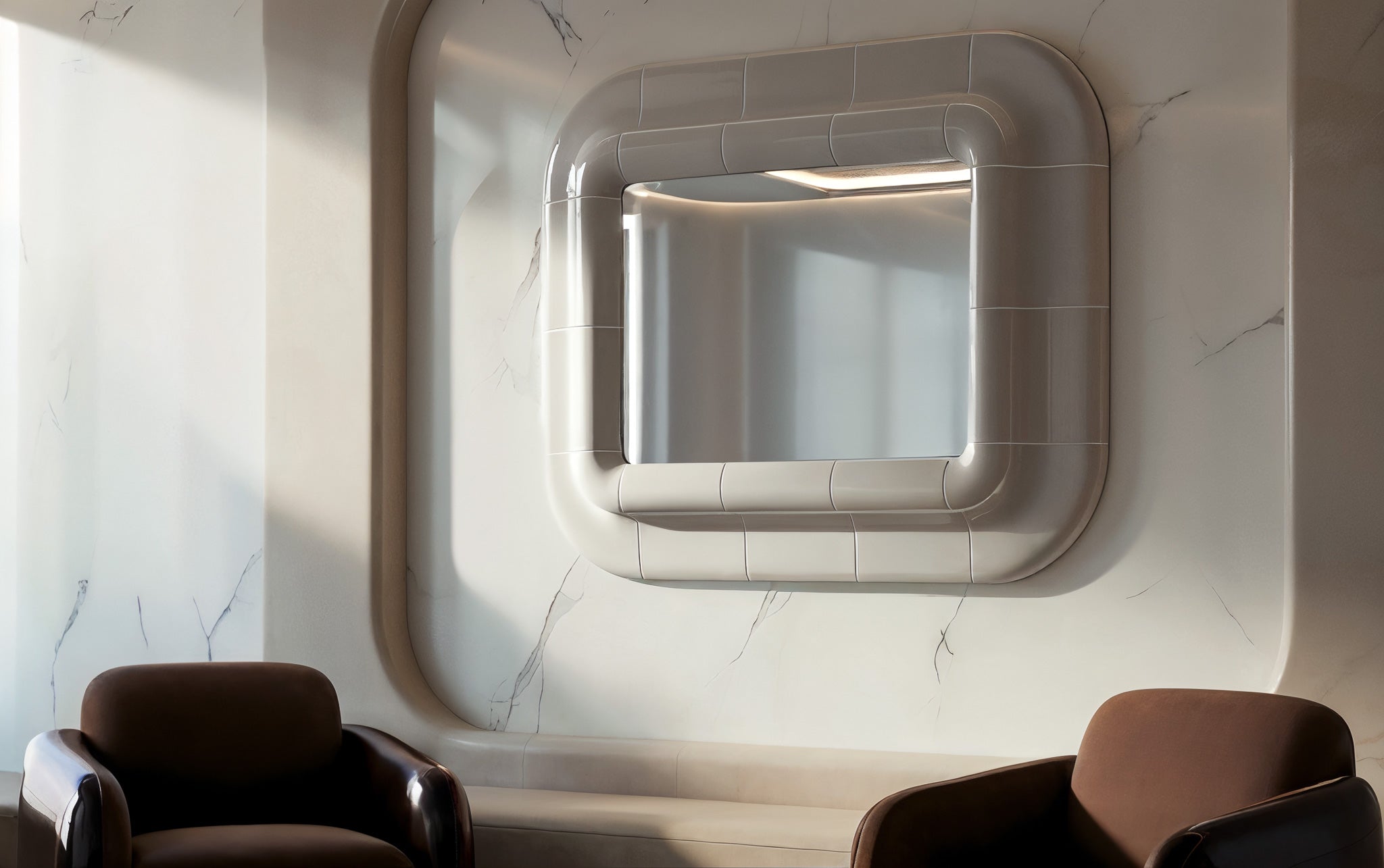 Glossy square mirror with modular proportions reflecting natural light in a calm, contemporary interior space.