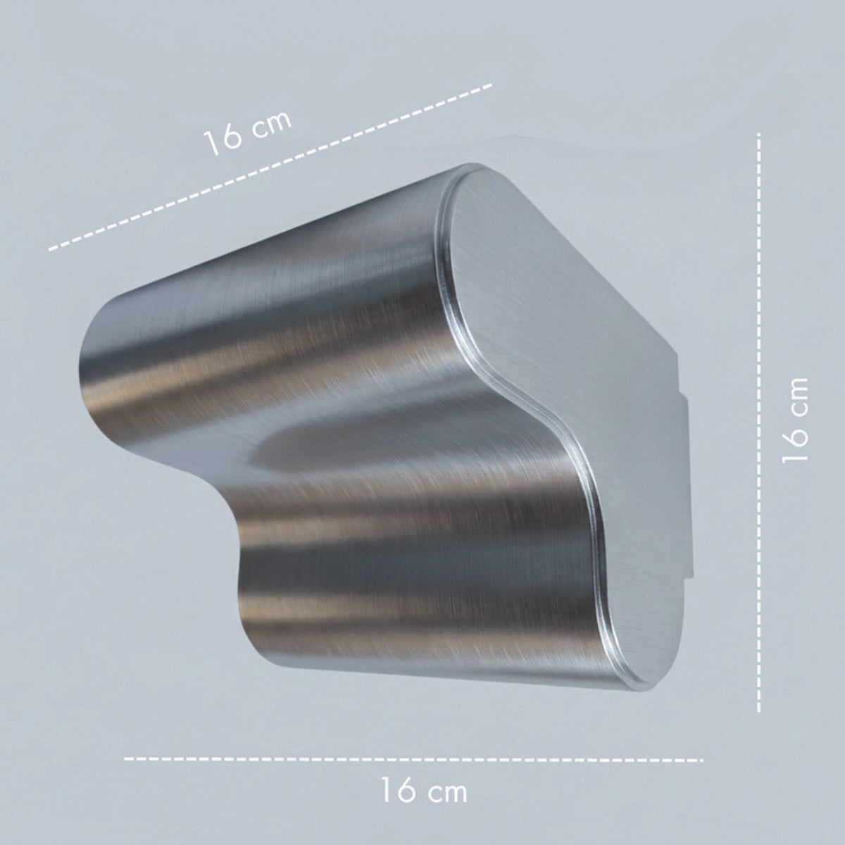 Orbi straight module in Steelcito finish with dimensions, 16 cm