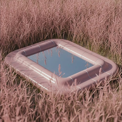 Lolita rounded mirror in Blush Pink high-gloss lacquer lying in tall grass, reflecting the sky